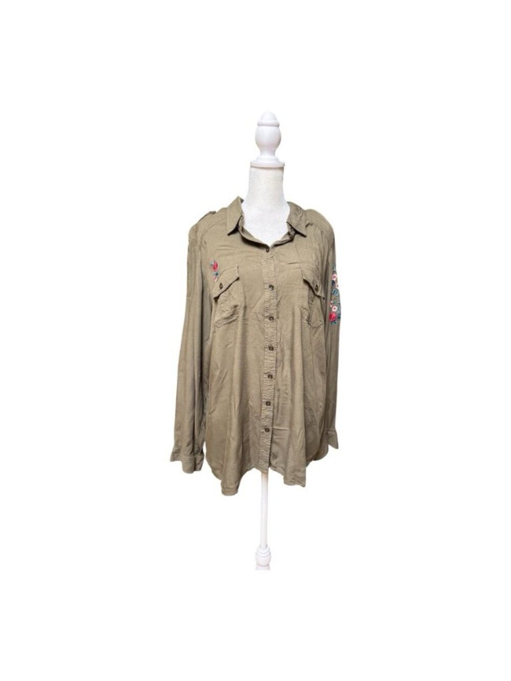 Torrid Size 2 Olive Green Embroidered Button Front Utility Shirt Blouse